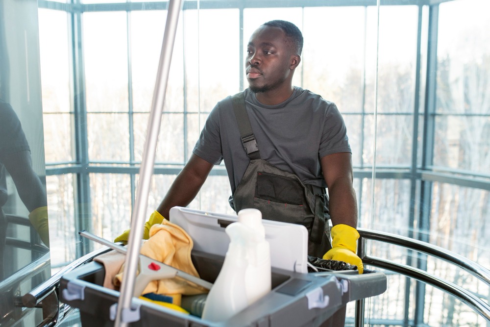 Professional court cleaning team maintaining judicial facilities with specialized equipment and security protocols